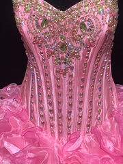 Pink strapless, fitted waist, full skirt, long ball gown R8695