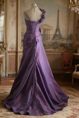 Purple one-shoulder 3D floral fitted long ball gown R6708