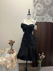 Black suspender waist fishtail skirt pleated hip sexy long skirt homecoming dress R4286