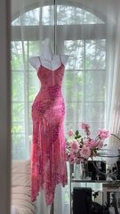 Pink floral print halter-neck fitted long ball gown R7624