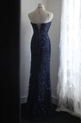 Navy blue strapless, fitted waist, sequined, sexy long ball gown R6788