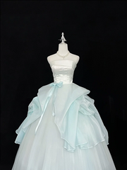 White strapless fitted waist, light green tulle skirt, long ball gown R9055
