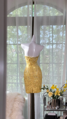 Yellow strapless fitted waist slim-fitting short ball gown R7663
