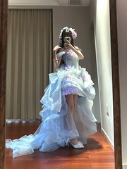 Light blue off-the-shoulder fitted waist short skirt with train ball gown R8632