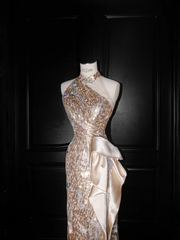 Champagne pink sequined sleeveless waist slim hip long skirt, prom dress R5638