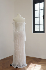 White off-the-shoulder, fitted waist, rhinestone-embellished long ball gown R8474