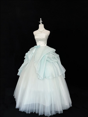 White strapless fitted waist, light green tulle skirt, long ball gown R9055