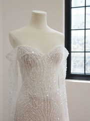 White off-the-shoulder, fitted waist, rhinestone-embellished long ball gown R8474