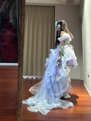 Light blue off-the-shoulder fitted waist short skirt with train ball gown R8632