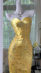 Yellow strapless fitted waist slim-fitting short ball gown R7663