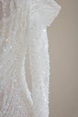 White off-the-shoulder, fitted waist, rhinestone-embellished long ball gown R8474