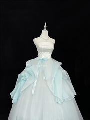 White strapless fitted waist, light green tulle skirt, long ball gown R9055