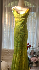 Yellow-green halter-neck, slim-fitting, bodycon long ball gown R7744