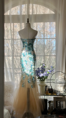 Light blue sequined strapless fitted waist bodycon fishtail long ball gown R7705