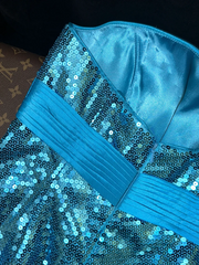 Blue strapless sequined fitted long ball gown R6989