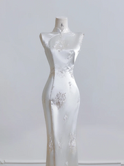 White cheongsam, fitted waist, slim hips, sexy long ball gown R8214