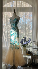 Light blue sequined strapless fitted waist bodycon fishtail long ball gown R7705