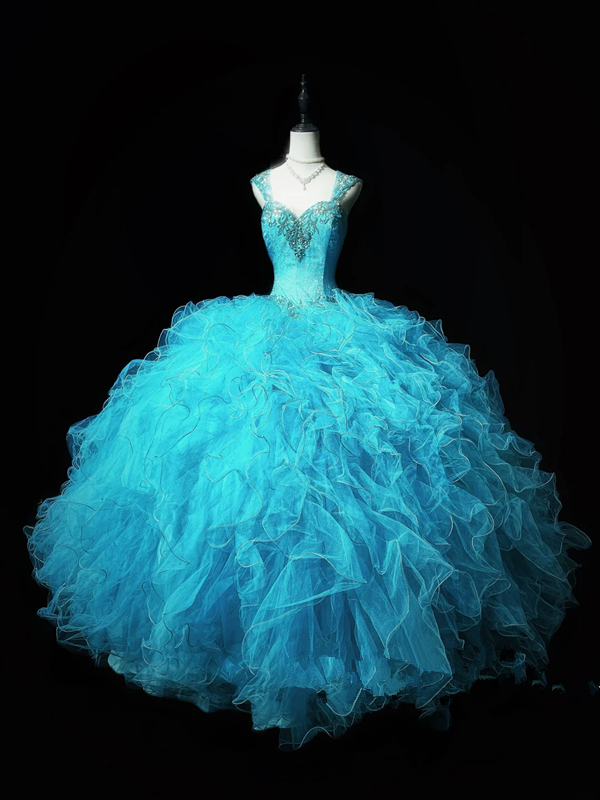 Light blue halter-neck fitted long ball gown with a flared skirt R8694