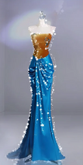 Brown Strapless Fitted-Waist Slim-Fit Prom Dress with Blue Hip-Hugging Mermaid Hem R6511