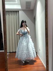 Light blue off-the-shoulder fitted waist slim-fitting ball gown with a full skirt R8847