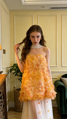 Yellow top paired with a white skirt for a ball gown R8698