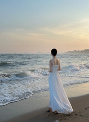 White spaghetti‑strap waist‑cinched long elegant prom gown R8016