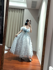 Light blue off-the-shoulder fitted waist slim-fitting ball gown with a full skirt R8847