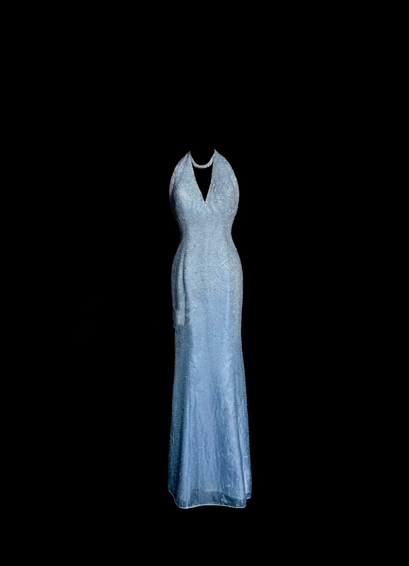 Light blue halter neck rhinestone fitted long ball gown R6671