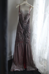 Dark red halter-neck, fitted, pleated, fishtail skirt, long ball gown R6751