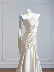 Light apricot strapless, fitted, pleated long ball gown R8271