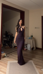 Deep purple halter neck, fitted waist, bodycon sexy long ball gown R7777