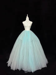 White strapless fitted bodice with light green tulle skirt, long ball gown R9057