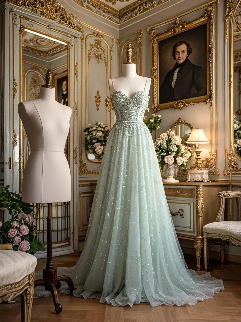 Light green spaghetti strap waist-cinching long sexy prom dress R7937