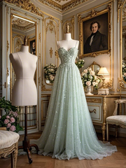 Light green spaghetti strap waist-cinching long sexy prom dress R7937