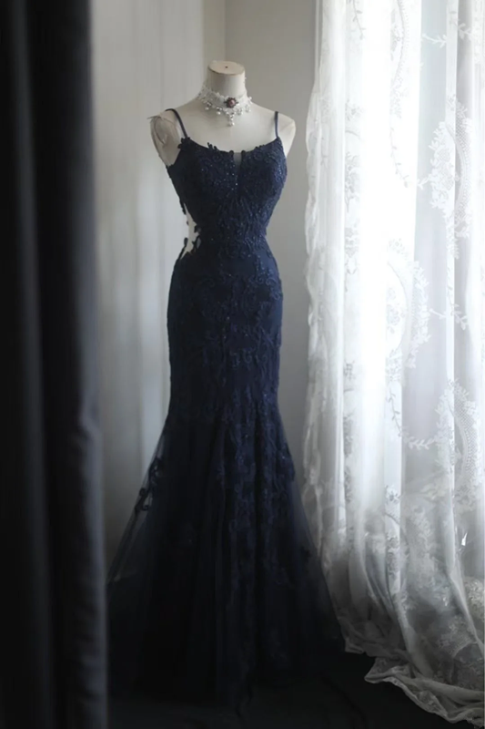 Navy blue halter-neck embroidered fitted waist bodycon long ball gown R6711
