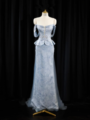 Light blue strapless fitted long ball gown R8938