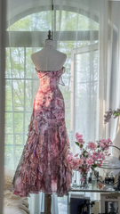 Light pink floral print strapless fitted long ball gown R7666