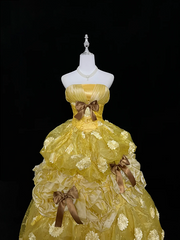 Gold strapless, fitted waist, full skirt, long ball gown R9058