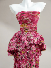Pink floral tube top sexy long skirt with waist, prom dress R5641