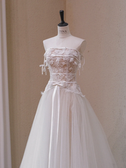 White Strapless Lace Waist Slim A-Line Long Dress Bridal Gown R5718