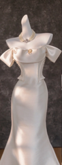 White satin one-shoulder slim waist hip fishtail long dress bridal gown R5788