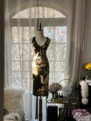Black halter top with gold floral print, fitted waist, classic and elegant long ball gown R7707