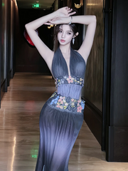 Grey halter neck fitted waist slim back sexy ball gown R7072