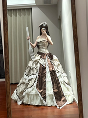Light brown checkered strapless waist-cinching long ball gown R8636