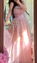 Light pink strapless fitted waist tiered skirt long ball gown R7747