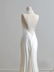 White halter-neck, fitted waist, backless, sexy bodycon long ball gown R8188