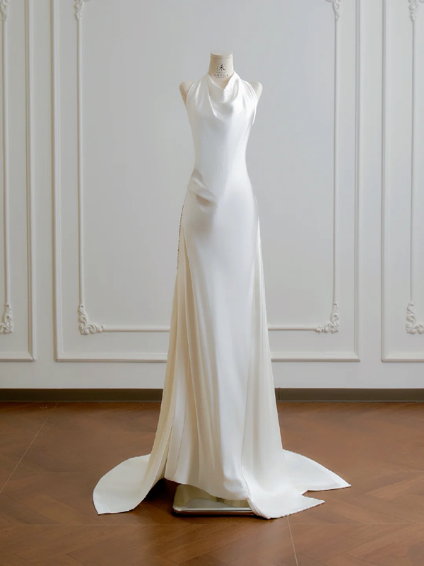 White halter-neck, fitted waist, backless, sexy bodycon long ball gown R8188