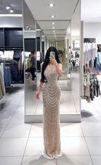 Light champagne-colored strapless, fitted, bodycon, sexy long ball gown R7900