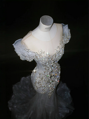 Light blue one-shoulder diamond waist-hugging hip-wrapped fishtail sexy long skirt, prom dress R5643