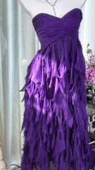 Purple strapless, fitted waist, tiered skirt, mid-length ball gown R7629